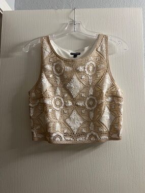 Express Cream and Tan Lace Crop Top